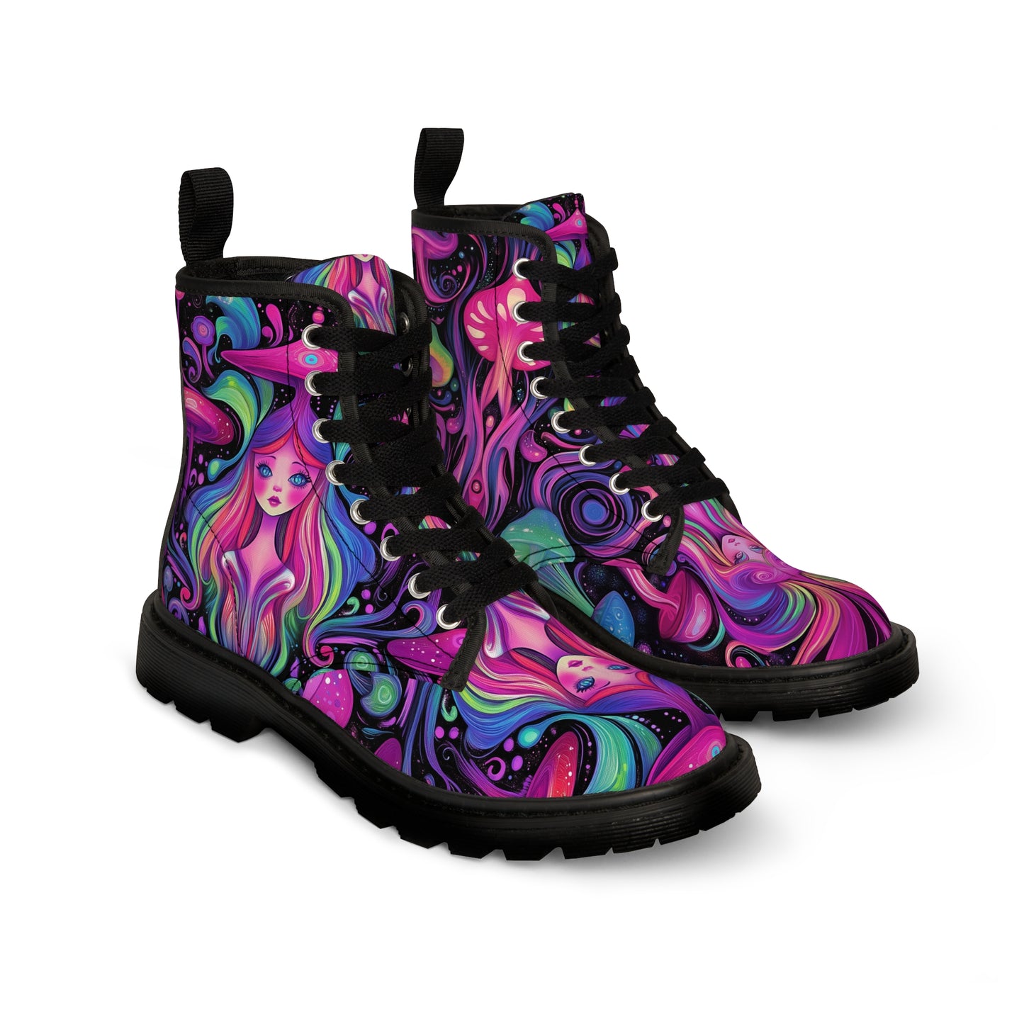 UV Alien Goddess Mushroom Glow SpaceShip Pink Purple Aqua Pastel Psychedelia Swirl Men's Canvas Boots