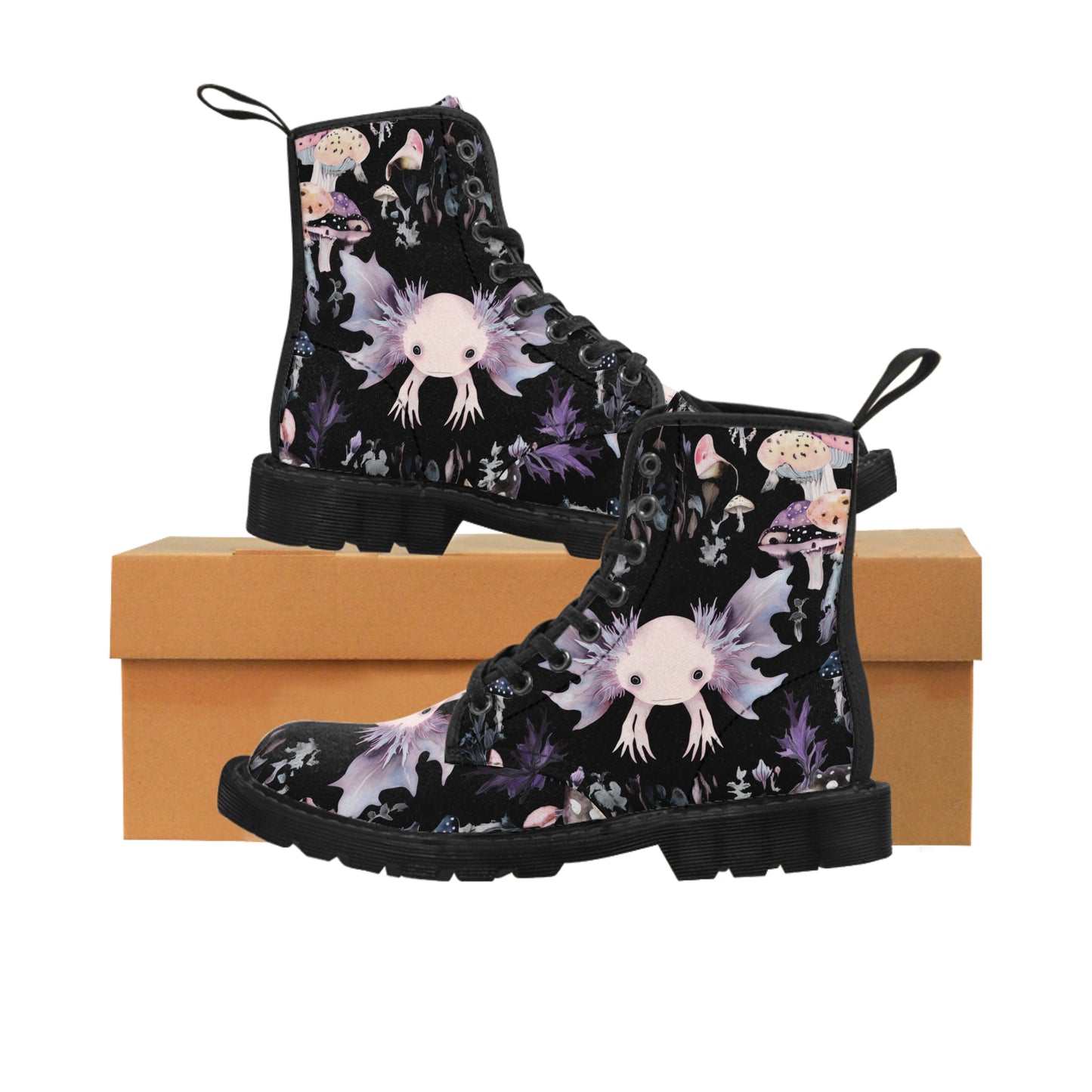 Axolotl Pastel Lilac Purple Pink Goth Black Rose Thorn Reflection Symmetry Men's Canvas Boots