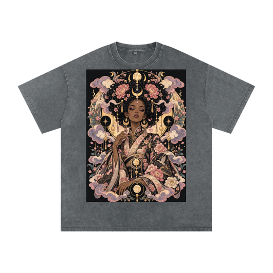Sakura Moon Kimono Moonlight Afro Goddess Snow Washed Oversized Cotton T-Shirt
