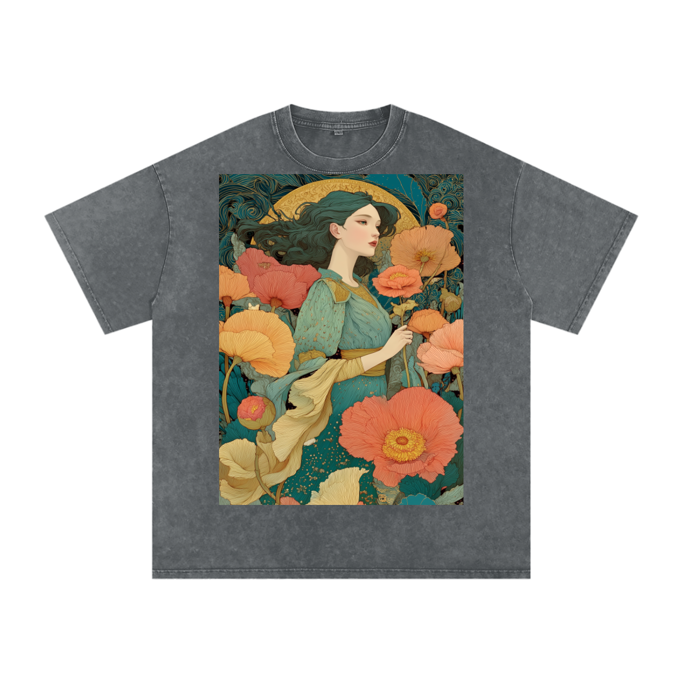 Teal Floral Nouveau Moon Field maiden Snow Washed Oversized Cotton T-Shirt
