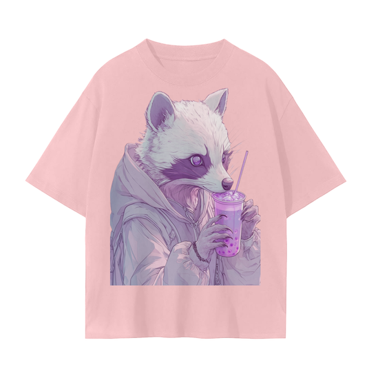 Pastel Pink Lavender Racoon Rainy Day Grunge Punk Anime Boba Tea - Cotton   Unisex Seamless T-Shirt - 230 GSM