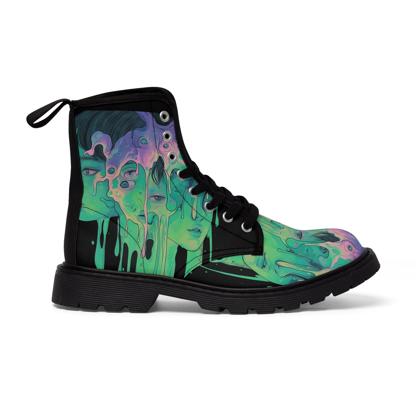 Green Neon Slime UV Color Drip Lime Festival Wear Psy Anime 3 Goddess Black Men's Canvas Boots