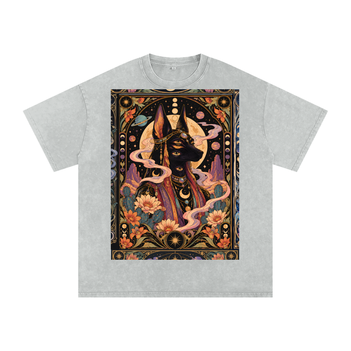 Anubis Egyptian Lotus Moon Tarot Grunge Psy Festival Snow Washed Oversized Cotton T-Shirt Tee
