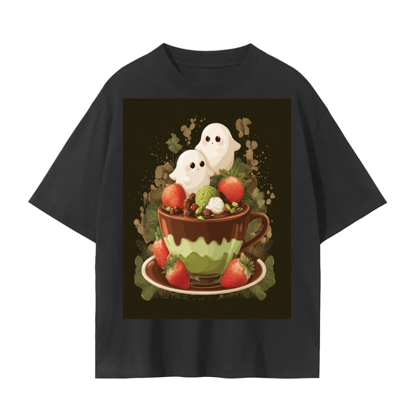 Anime Dubai Chocolate PIstachio Strawberry Cup of Chibi Ghost Kawaii Desert Latte Unisex Seamless T-Shirt