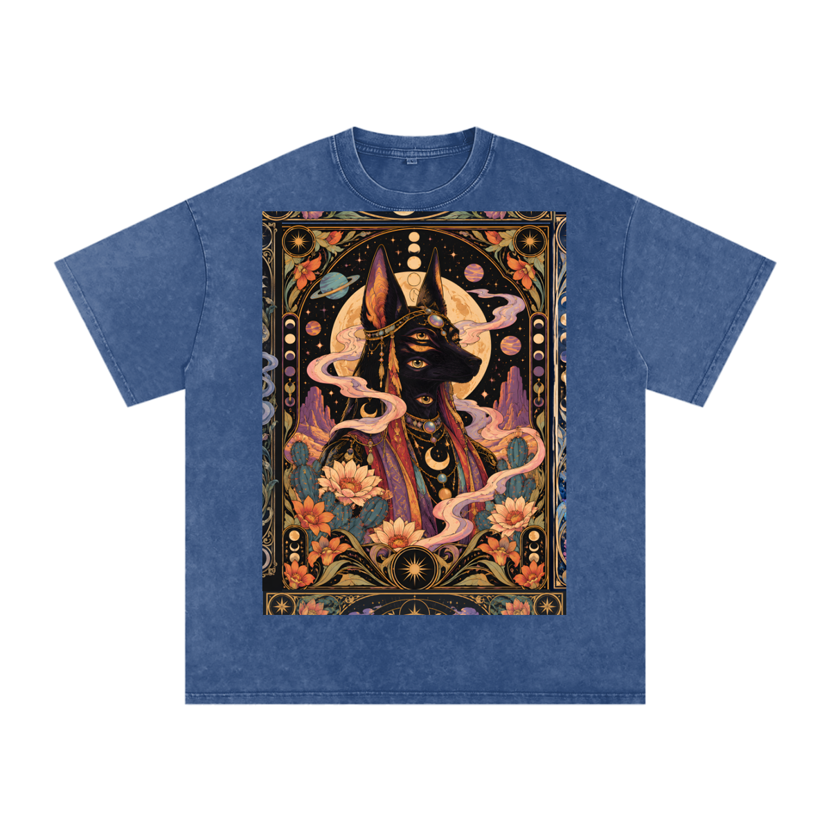 Anubis Egyptian Lotus Moon Tarot Grunge Psy Festival Snow Washed Oversized Cotton T-Shirt Tee