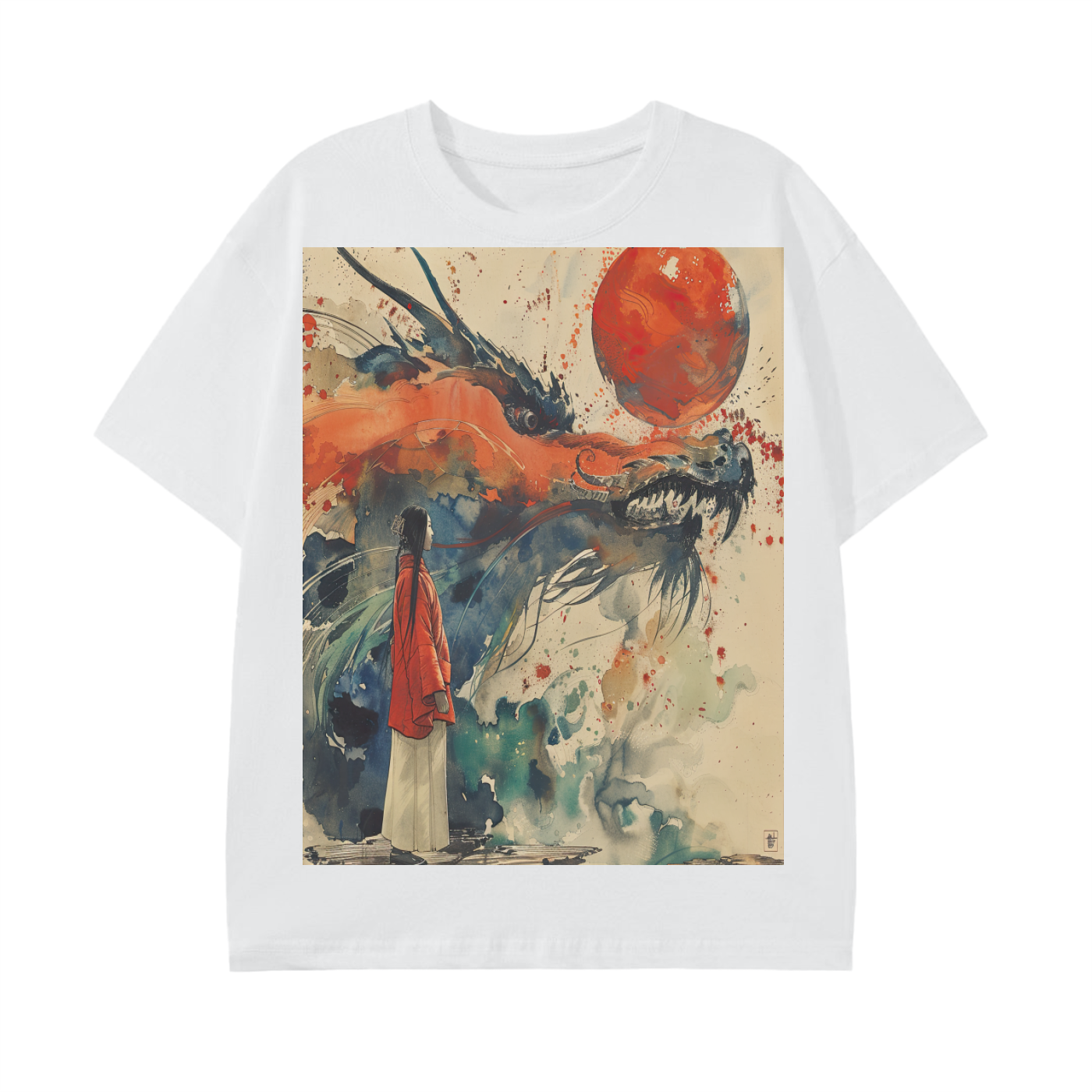 Watercolor Silhouette Kimono Dragon lady Splatter Sepia Red Blood Moon Anime Graphic Print Unisex Classic T-Shirt