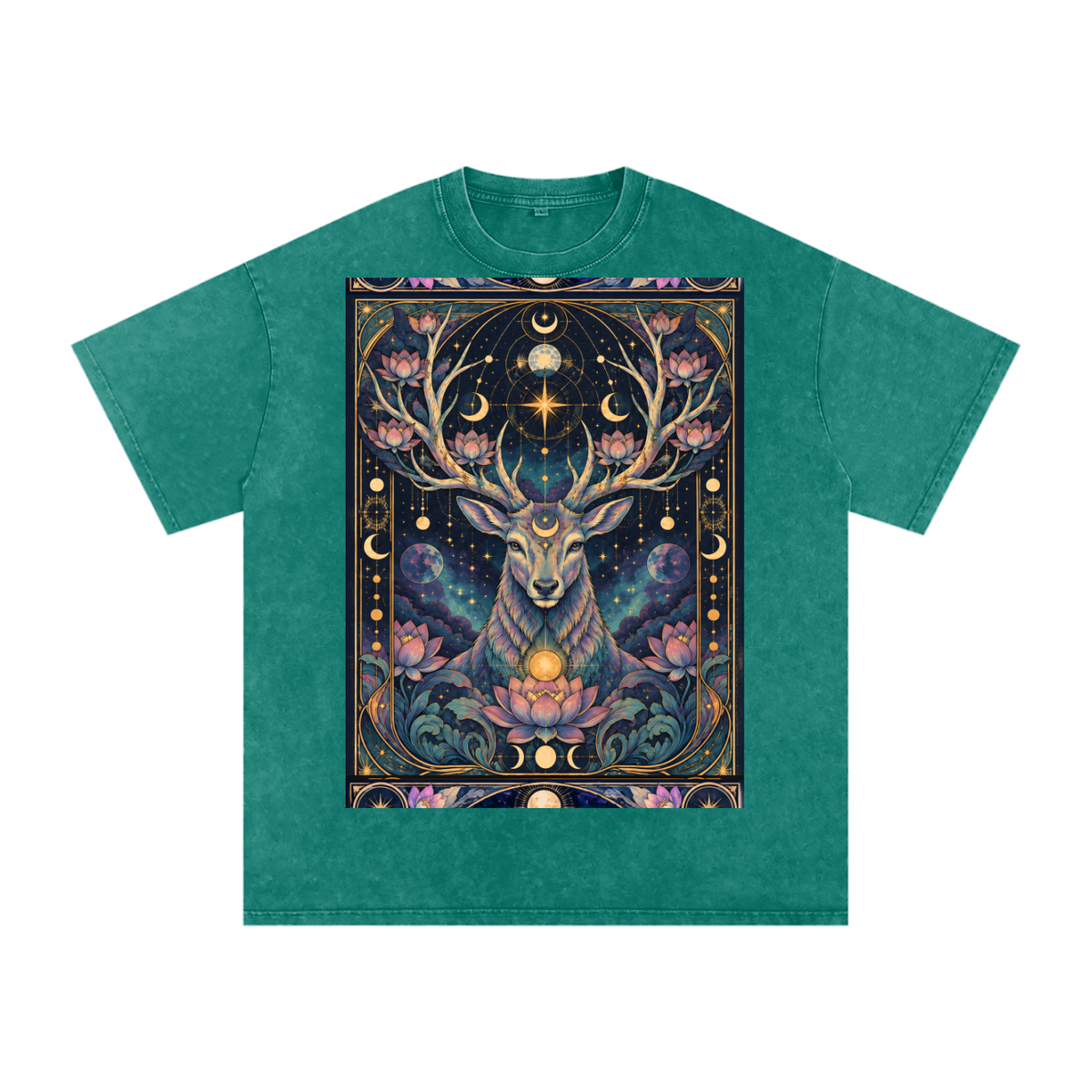 Cosmic Space Deer Lotus Moon Grunge Psy Festival Snow Washed Oversized Cotton T-Shirt