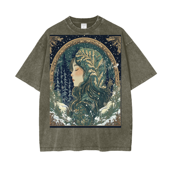 Gold Green Rustic Anime Silhoutte Border Snow Fairy Lady of the Woods Streetwear Acid Wash Oversize T-Shirt - 250 GSM