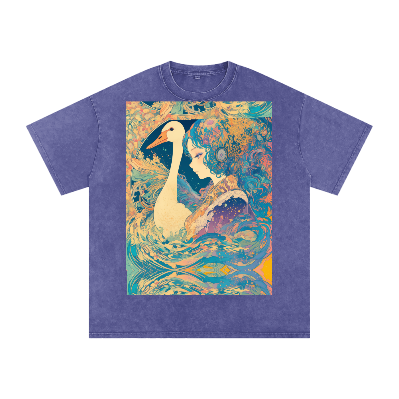 Goose Psychedelic Art Nouveau Moon Beach Wave Bordered Silhouette Anime Pagan Water Goddess Unisex T-Shirt--Snow Washed Oversized Cotton T-Shirt