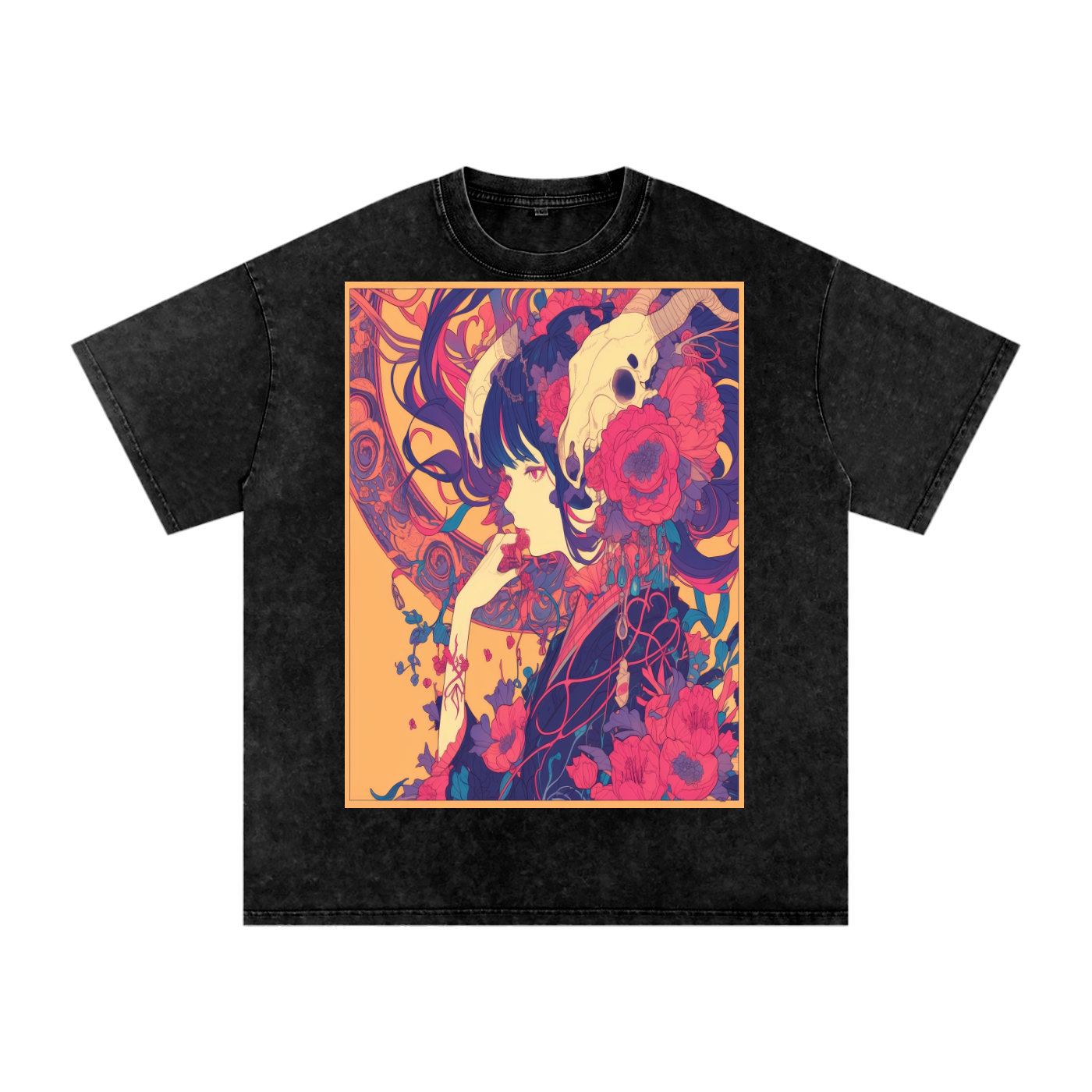 Autumn Avant Yellow Girl Floral Nouveau Skull Unisex Tee-Snow Washed Oversized Cotton T-Shirt