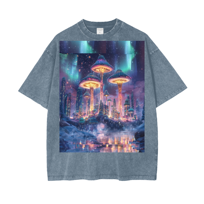 Mushroom City Northern Lights Borealis Bridge Psychedelic Dreamscape Festival Psy Streetwear Acid Wash Oversize T-Shirt - 250 GSM