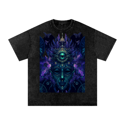Fractal Dark Woods DMT Shaman Ultramarine Festival Rave Third Eye Snow Washed Oversized Cotton T-Shirt