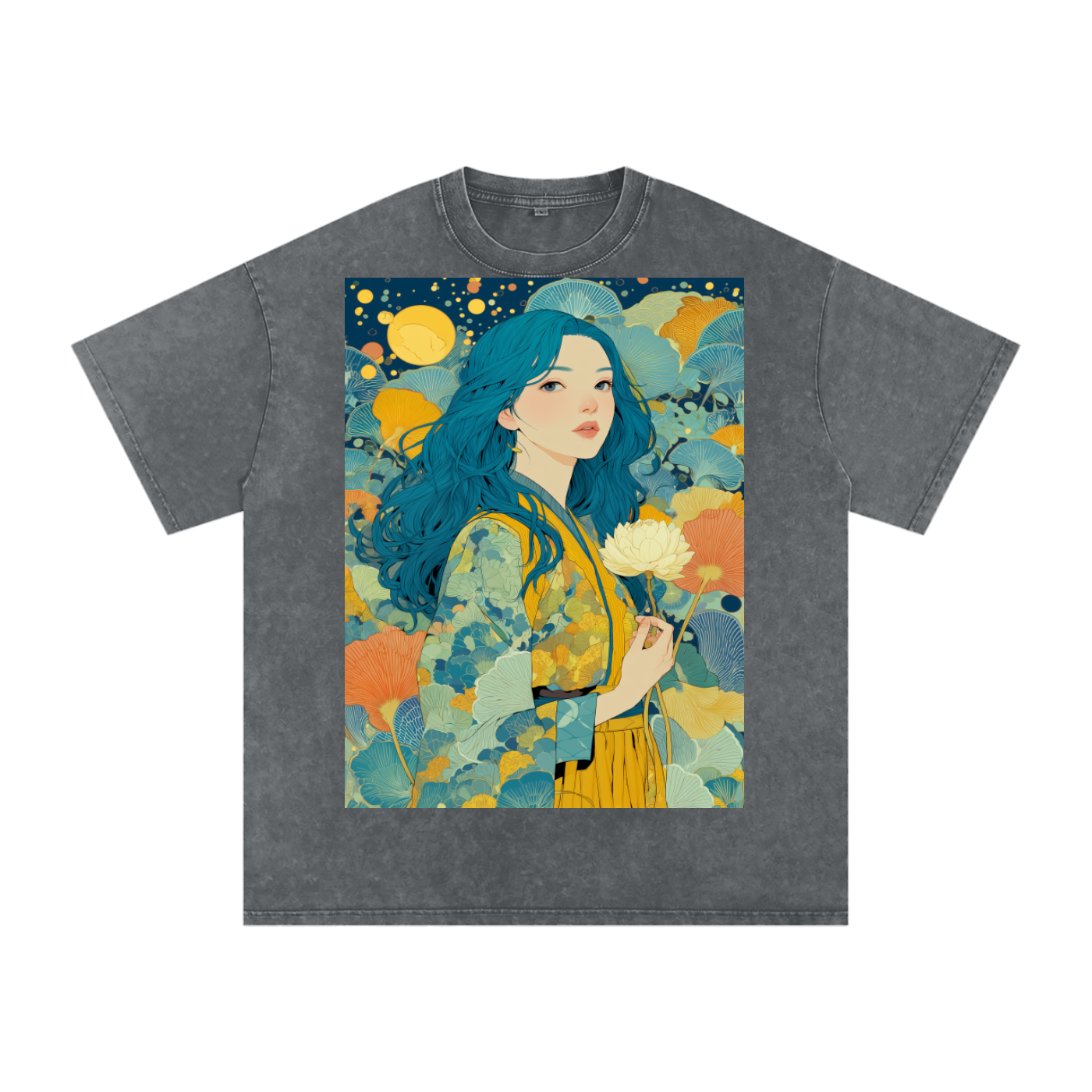 Teal Full Moon Lotus Goddess Psychedelic Art Nouveau Snow Washed Oversized Cotton T-Shirt