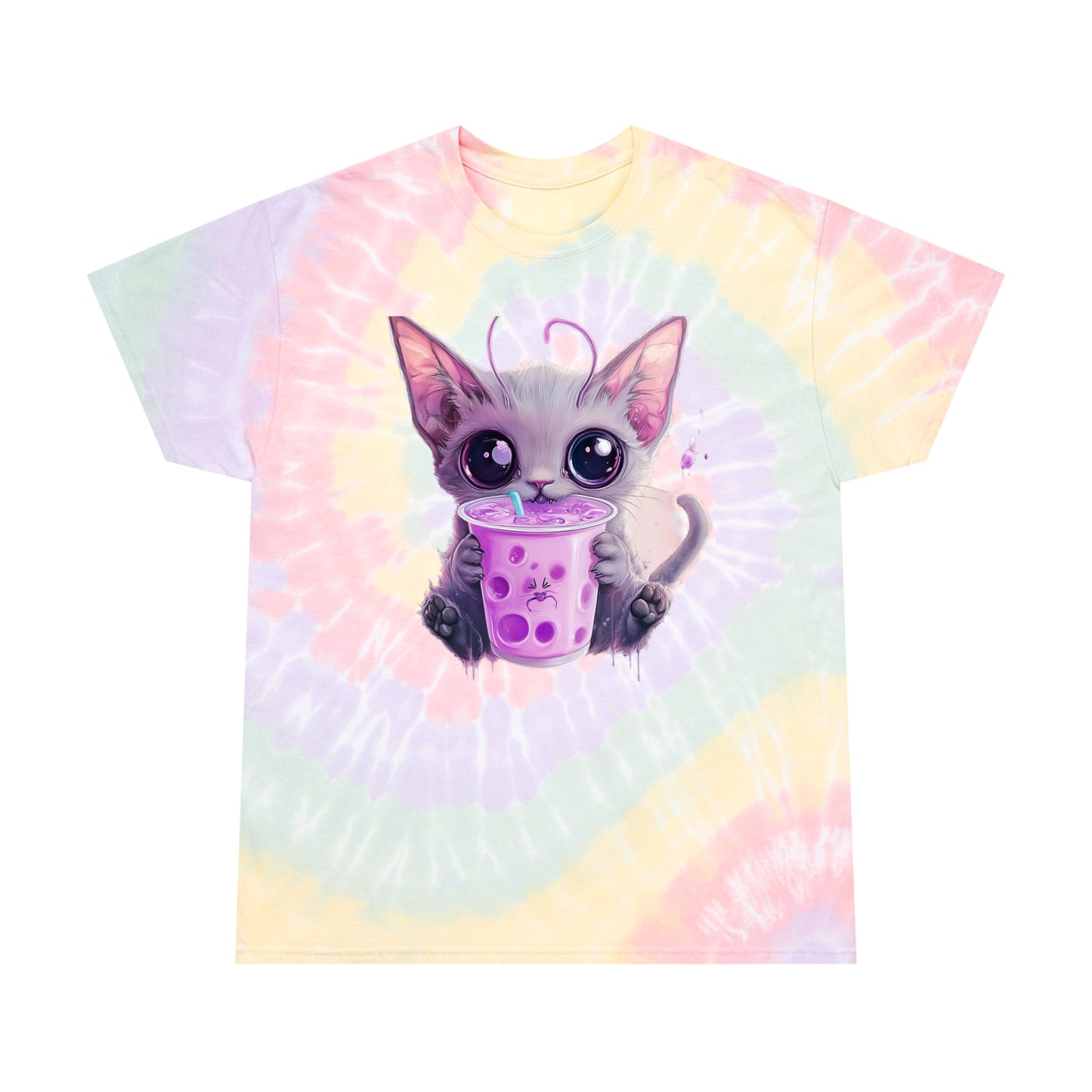 BobaCat Chibi big eyes Pastel Tie-Dye Tee, Spiral