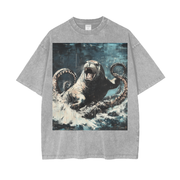 Rustic Kraken Vs Sea Lion Ocean Waves Acid Wash Oversize T-Shirt - 250 GSM