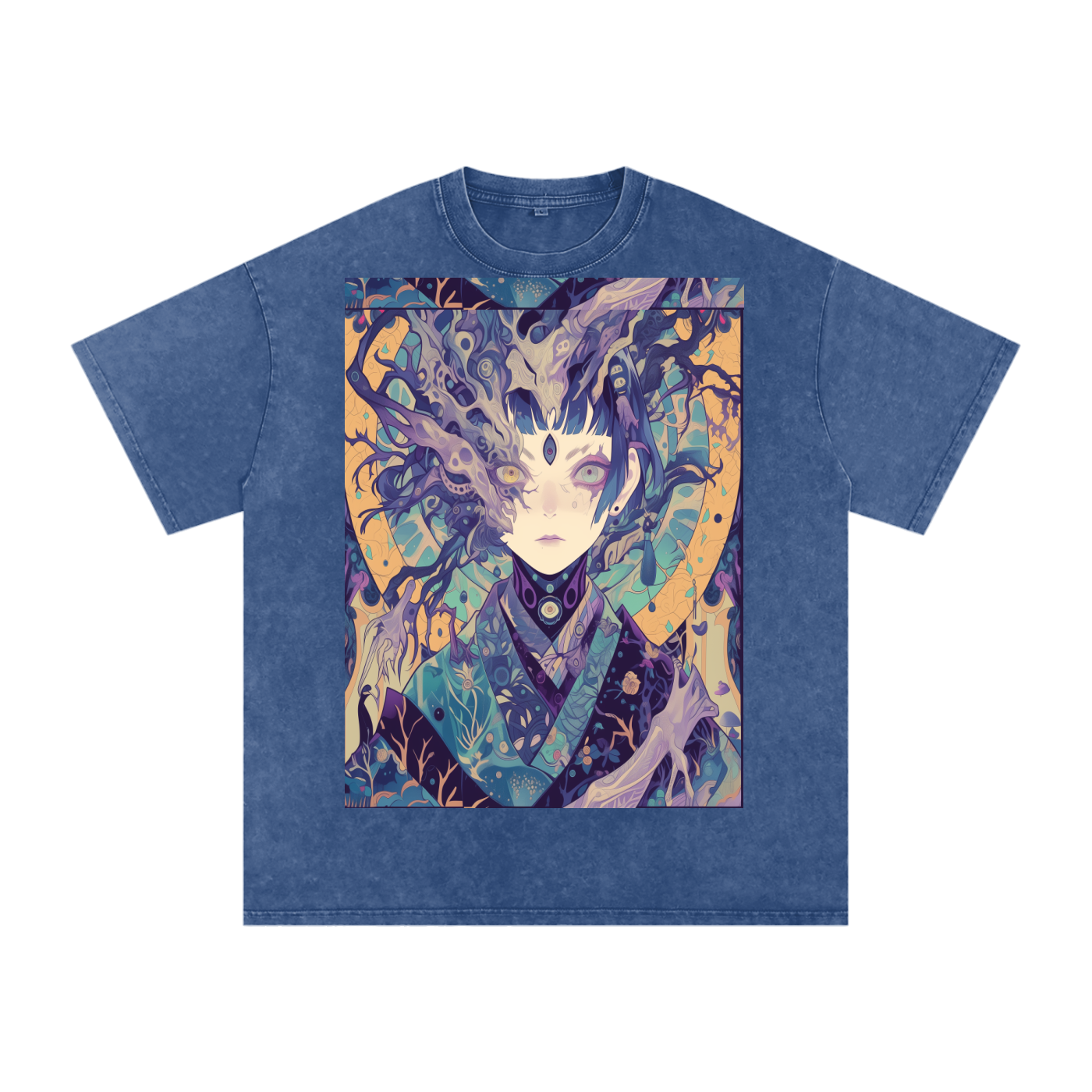 Ice Avant Kimono Anime Phantom Goddess Anime Blue Purple Pastel Grunge Rave Festival Snow Washed Oversized Cotton T-Shirt