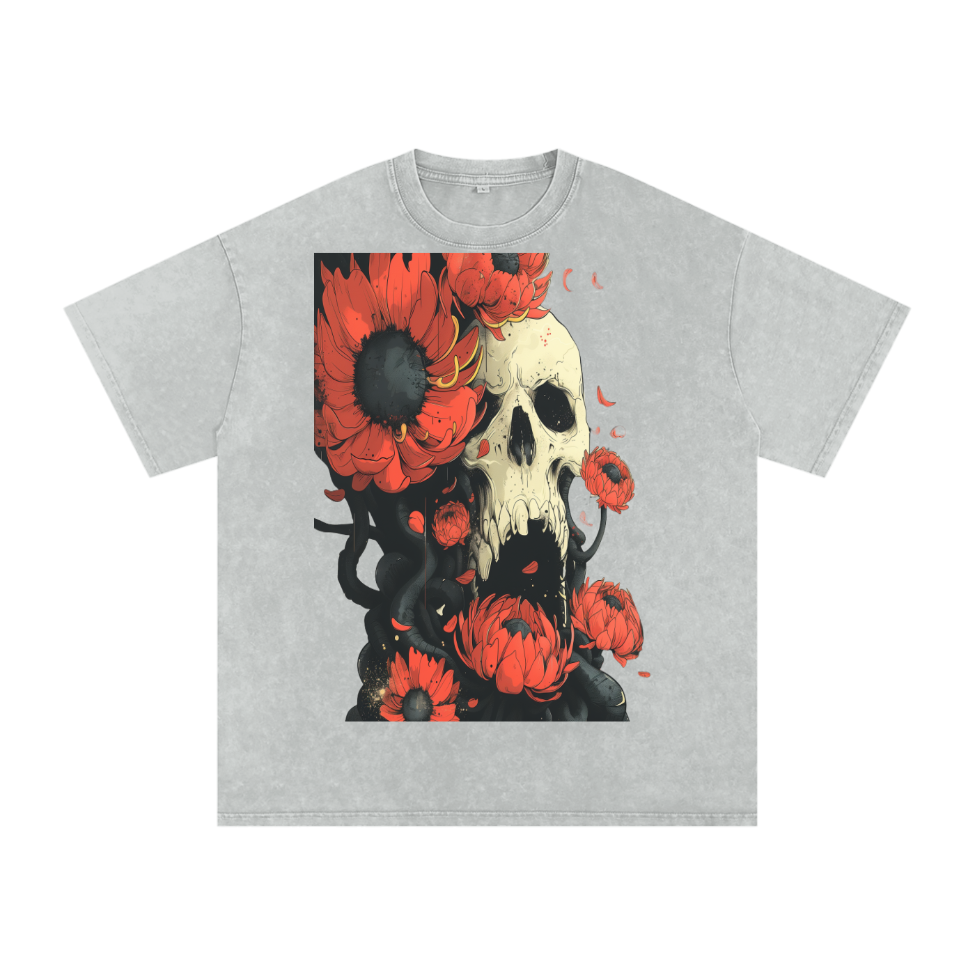 Floral Skull Sepia Goth Petal Octopi Goth Anime Unisex Tee Snow Washed Oversized Cotton T-Shirt