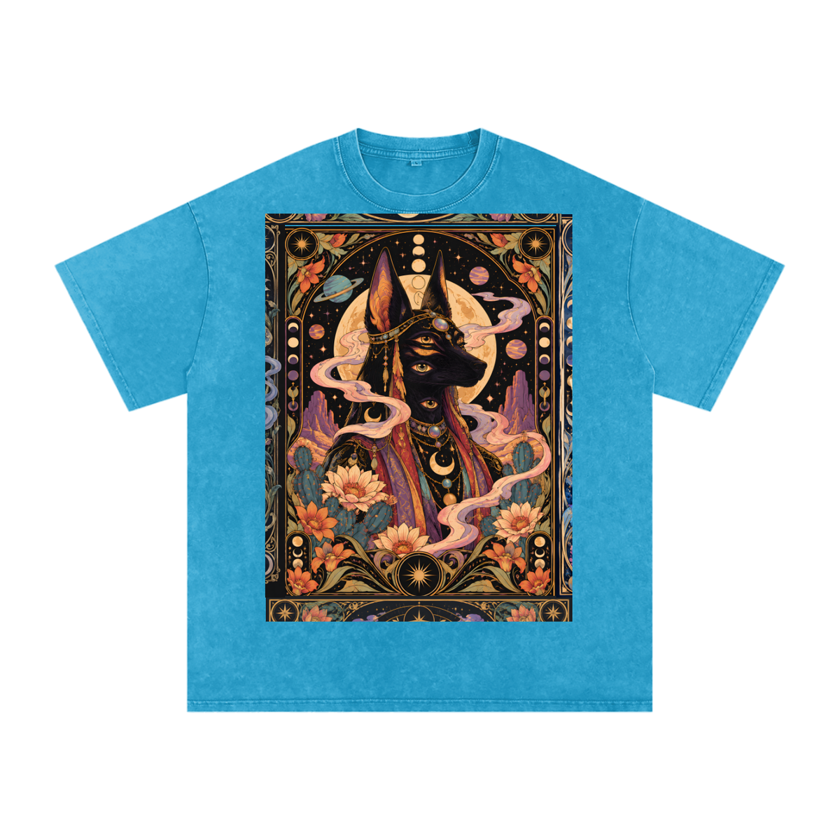 Anubis Egyptian Lotus Moon Tarot Grunge Psy Festival Snow Washed Oversized Cotton T-Shirt Tee