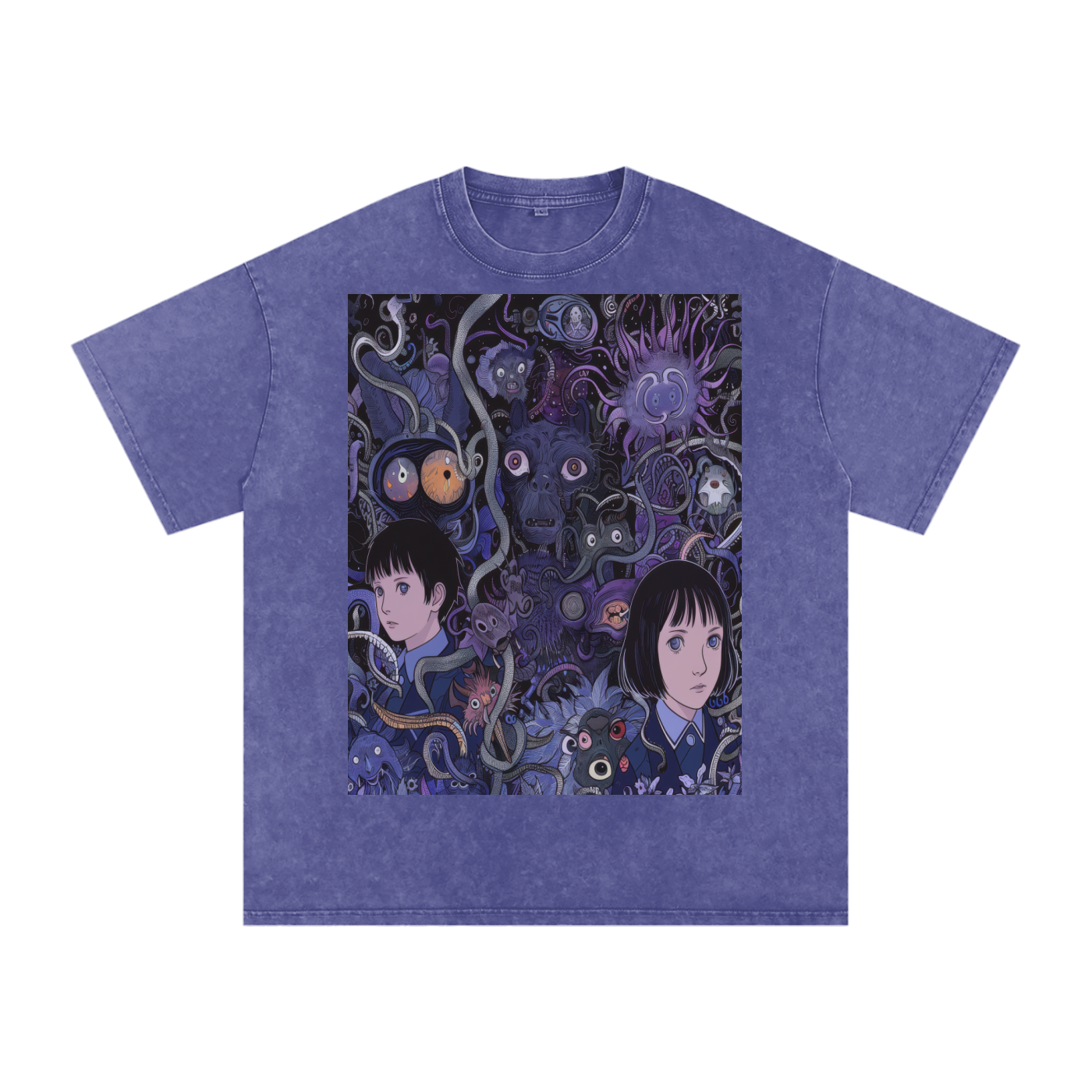Purple Horror Anime Vine Creature Scene Unisex Tee Snow Washed Oversized Cotton T-Shirt