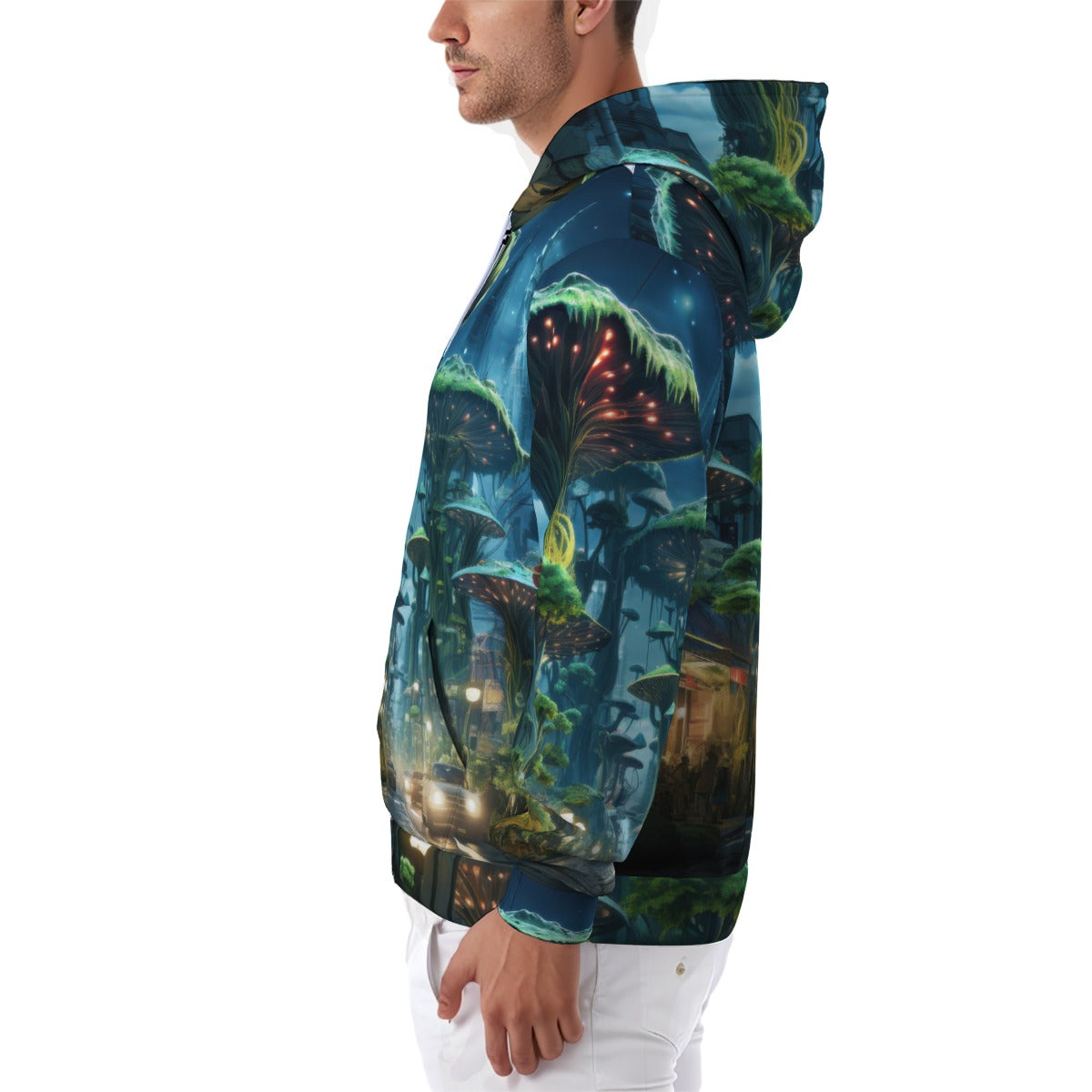 Green Mushroom Future City Psychedelia Festival Edm Psy Zip All-Over Print Zip Up Hoodie With Pocket