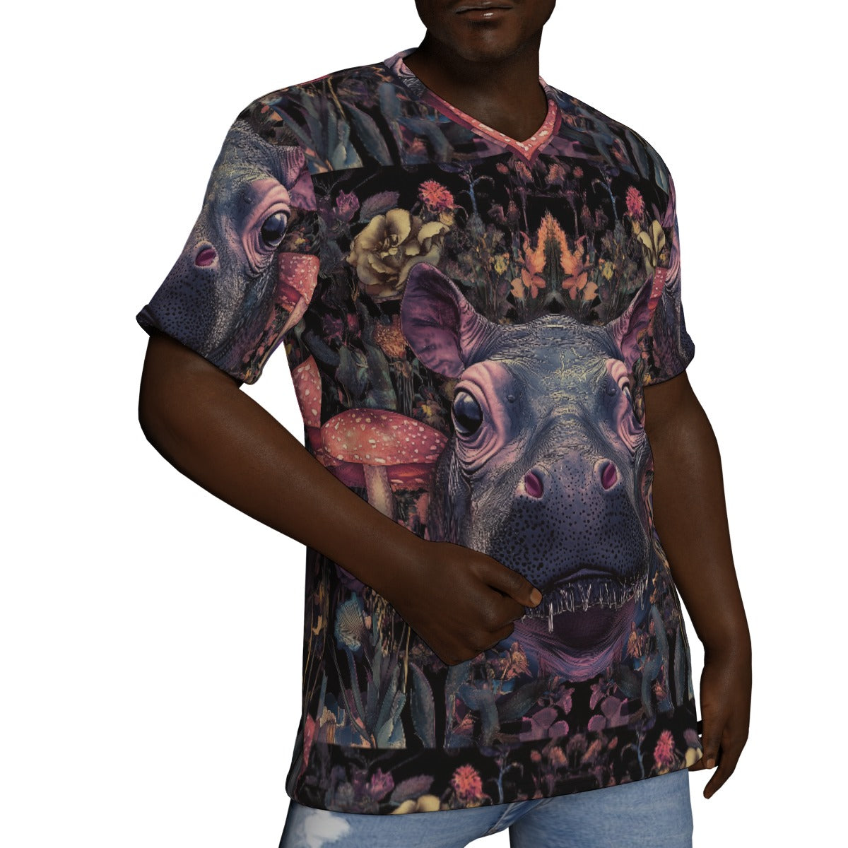 Moo Deng Pygmy Hippo Purple Psy Mushroom Festival Drip All-Over Print V-Neck T-Shirt