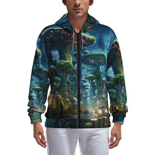 Green Mushroom Future City Psychedelia Festival Edm Psy Zip All-Over Print Zip Up Hoodie With Pocket