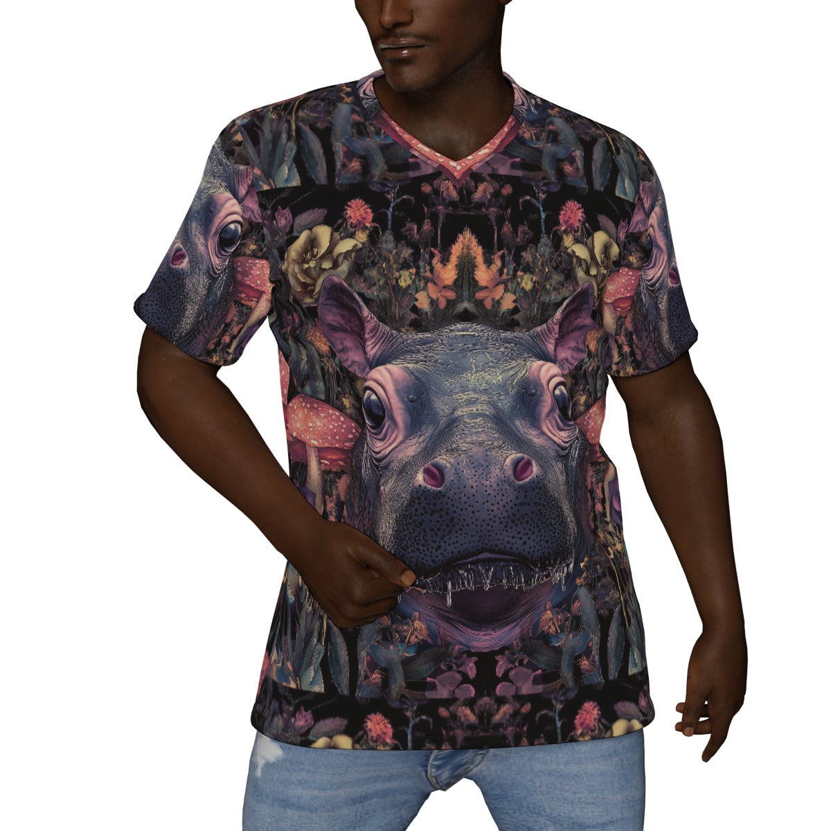 Moo Deng Pygmy Hippo Purple Psy Mushroom Festival Drip All-Over Print V-Neck T-Shirt