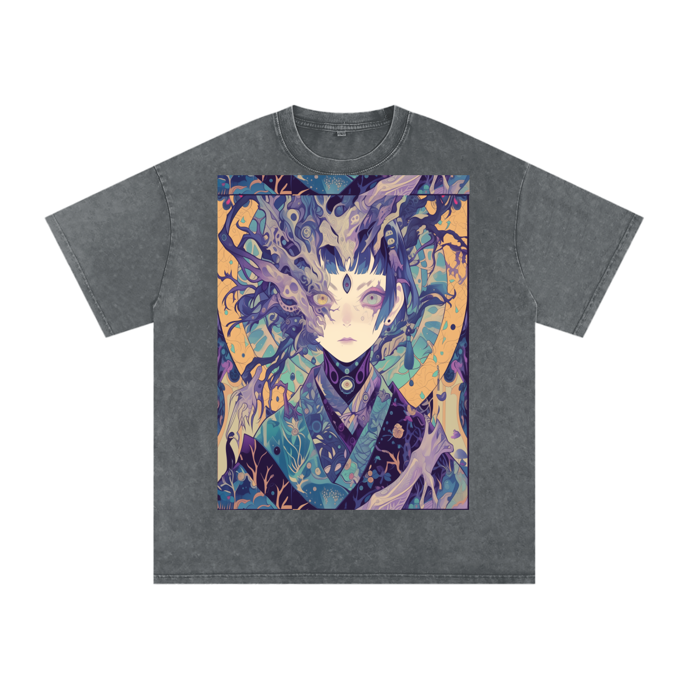 Ice Avant Kimono Anime Phantom Goddess Anime Blue Purple Pastel Grunge Rave Festival Snow Washed Oversized Cotton T-Shirt