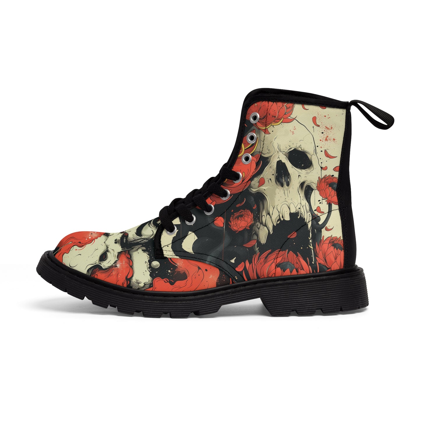 Red Floral Dark Sunflower Skull Ink Lady Swirl Japan Tattoo Art Men's Canvas Boots