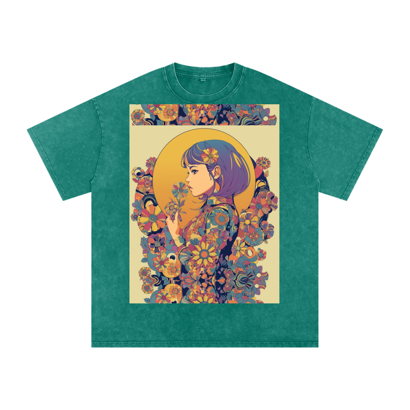 Retro Moon Boho Flapper Nouveau floral flower Maiden Snow Washed Oversized Cotton T-Shirt