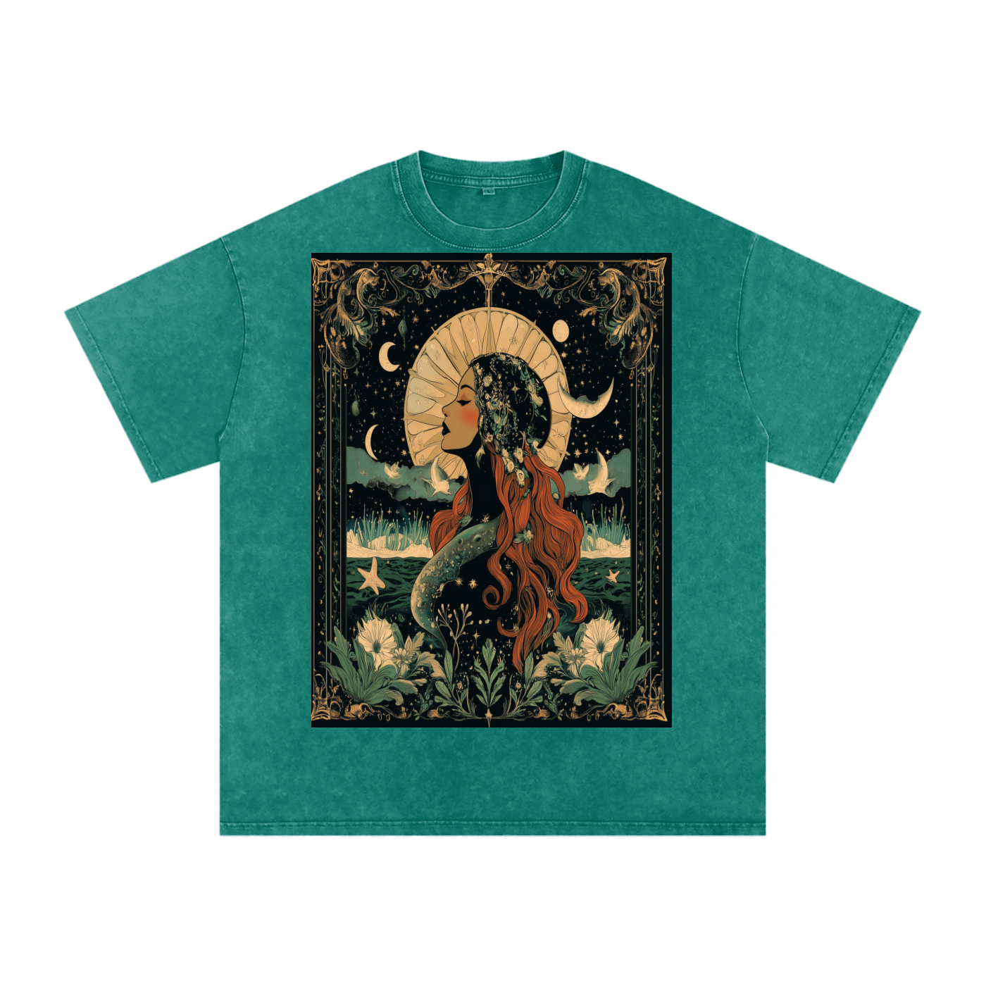 Art Nouveau Moonlight Boho Green River Witchy Grunge Dark Cottage Acid Acid Wash Oversize T-Shirt - 250 GSM