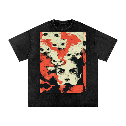 Ink Smoke Head Kibuki Skull Face Sepia Unisex Tee Snow Washed Oversized Cotton T-Shirt