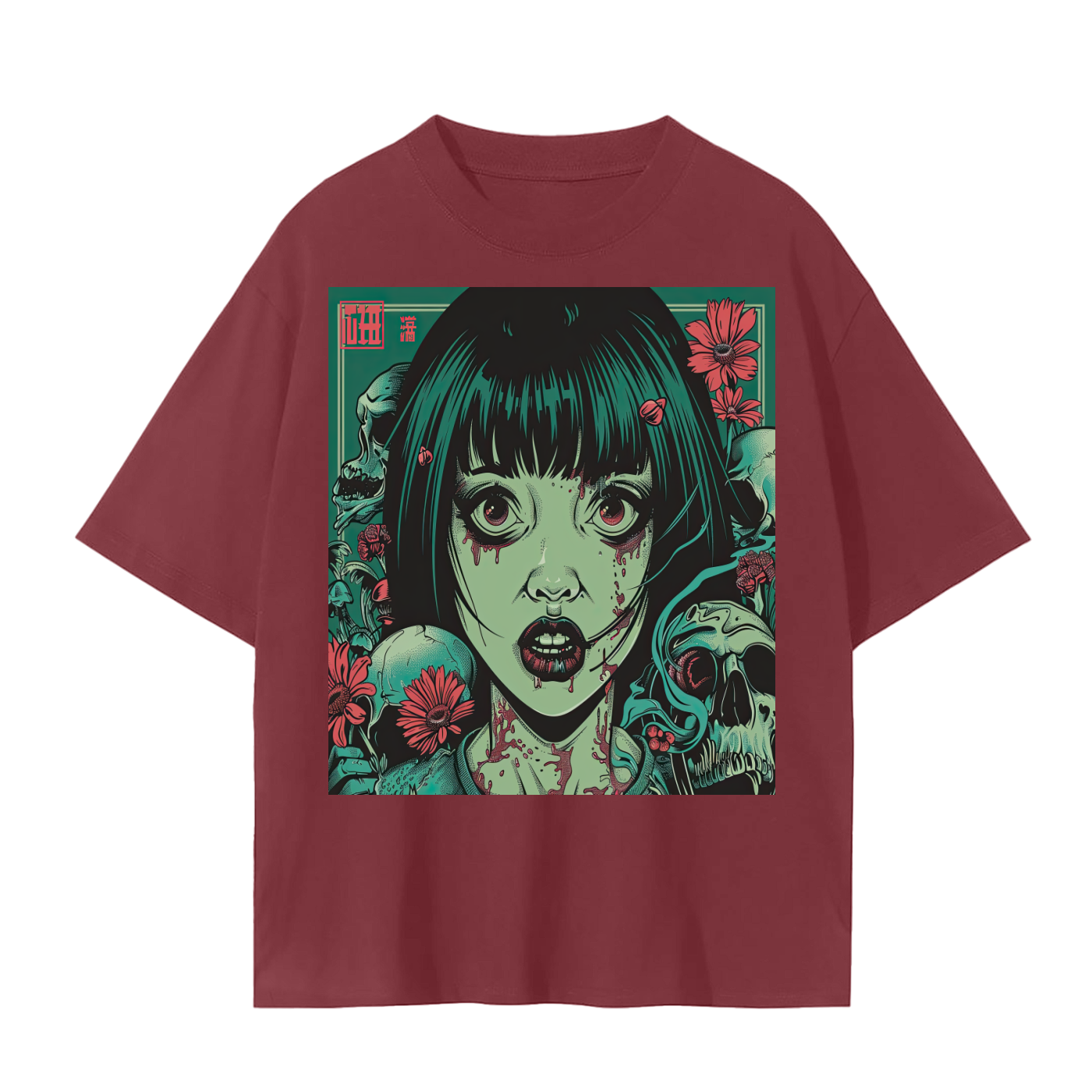 Brutalism Green Face Anime Skull Girl Tattoo Red Floral Unisex Tee Unisex Seamless T-Shirt