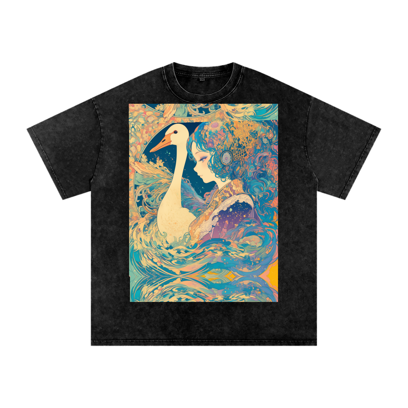 Goose Psychedelic Art Nouveau Moon Beach Wave Bordered Silhouette Anime Pagan Water Goddess Unisex T-Shirt--Snow Washed Oversized Cotton T-Shirt