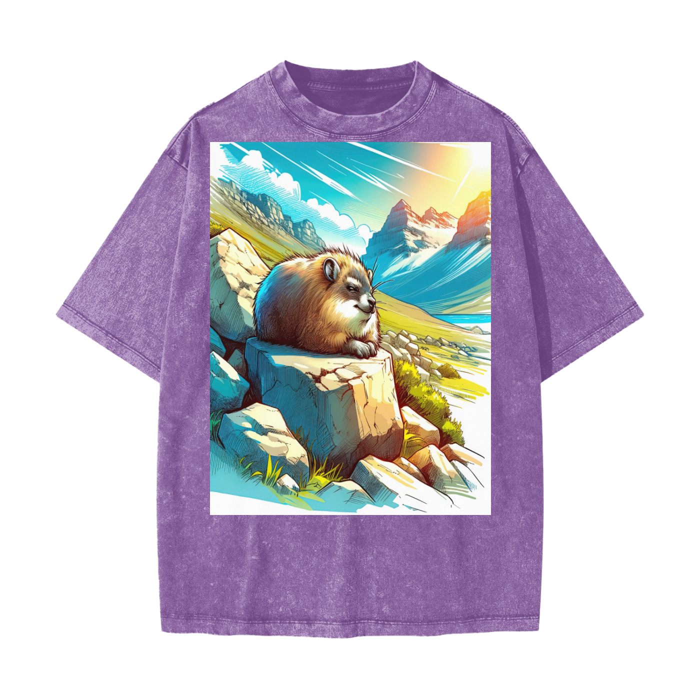 Anime Hyrax Blue skies basking on Rocks in field Festival Rave Unisex T-Shirt Heavyweight Snow Washed T-Shirt