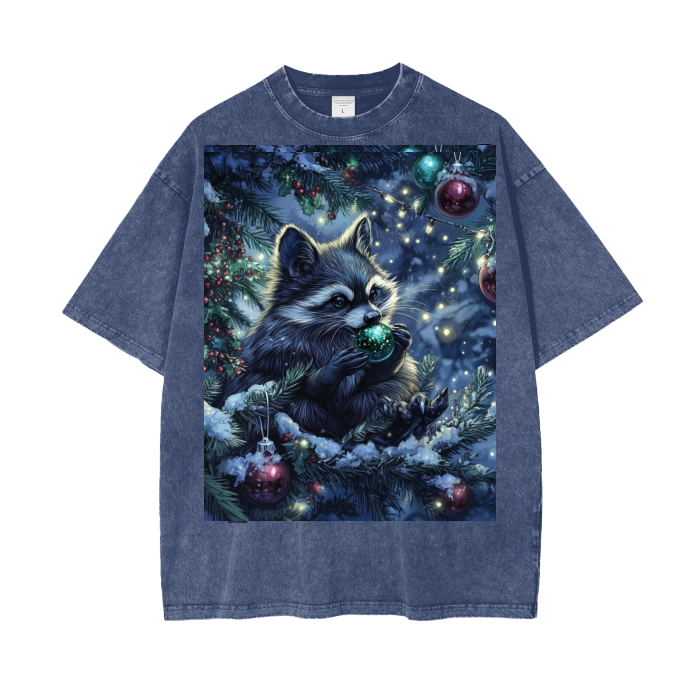 Winter Racoon Christmas Tree Christmas Ball Scene Acid Wash Oversize T-Shirt - 250 GSM