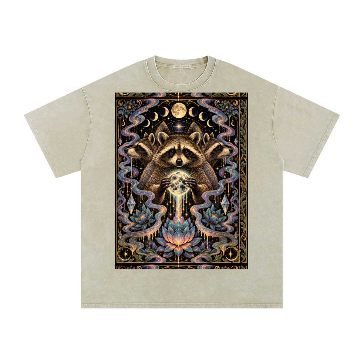 Raccoon Rorshach Moon Lotus Drip Snow Washed Oversized Cotton T-Shirt
