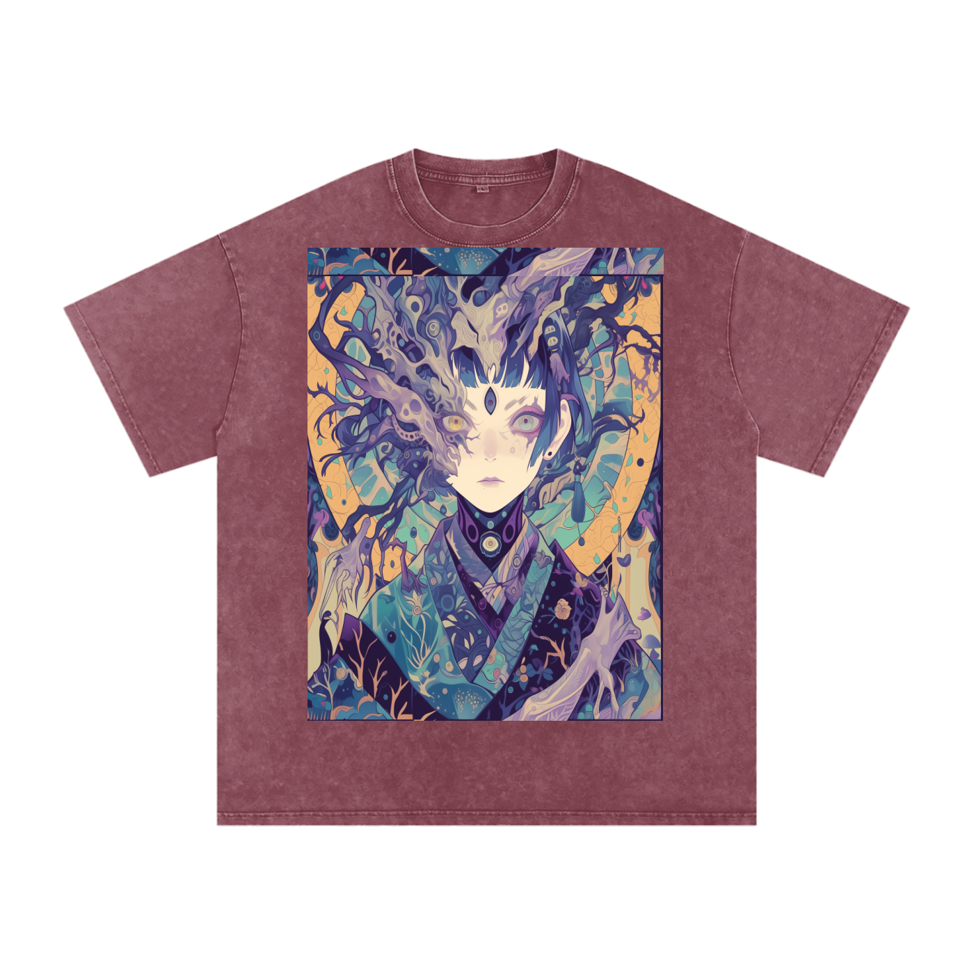 Ice Avant Kimono Anime Phantom Goddess Anime Blue Purple Pastel Grunge Rave Festival Snow Washed Oversized Cotton T-Shirt