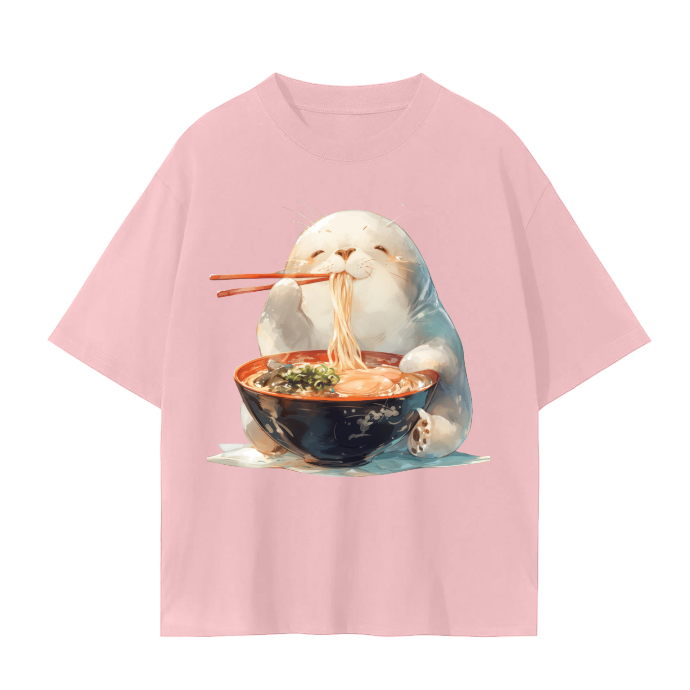 Happy Chibi Anime Seal Eating Ramen with Chopsticks Unisex Seamless T-Shirt