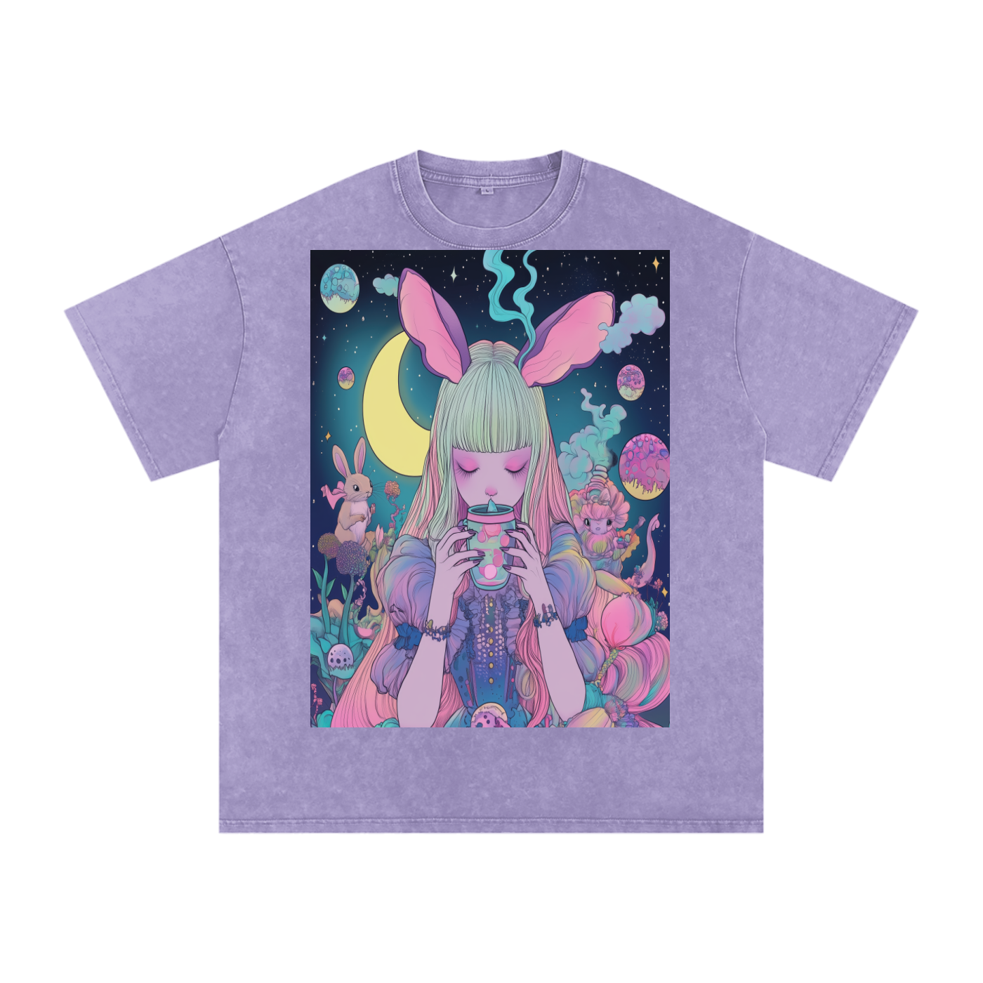 Tea Time Boba UV Pastel Alice SipTee by Moonlight Snow Washed Oversized Cotton T-Shirt