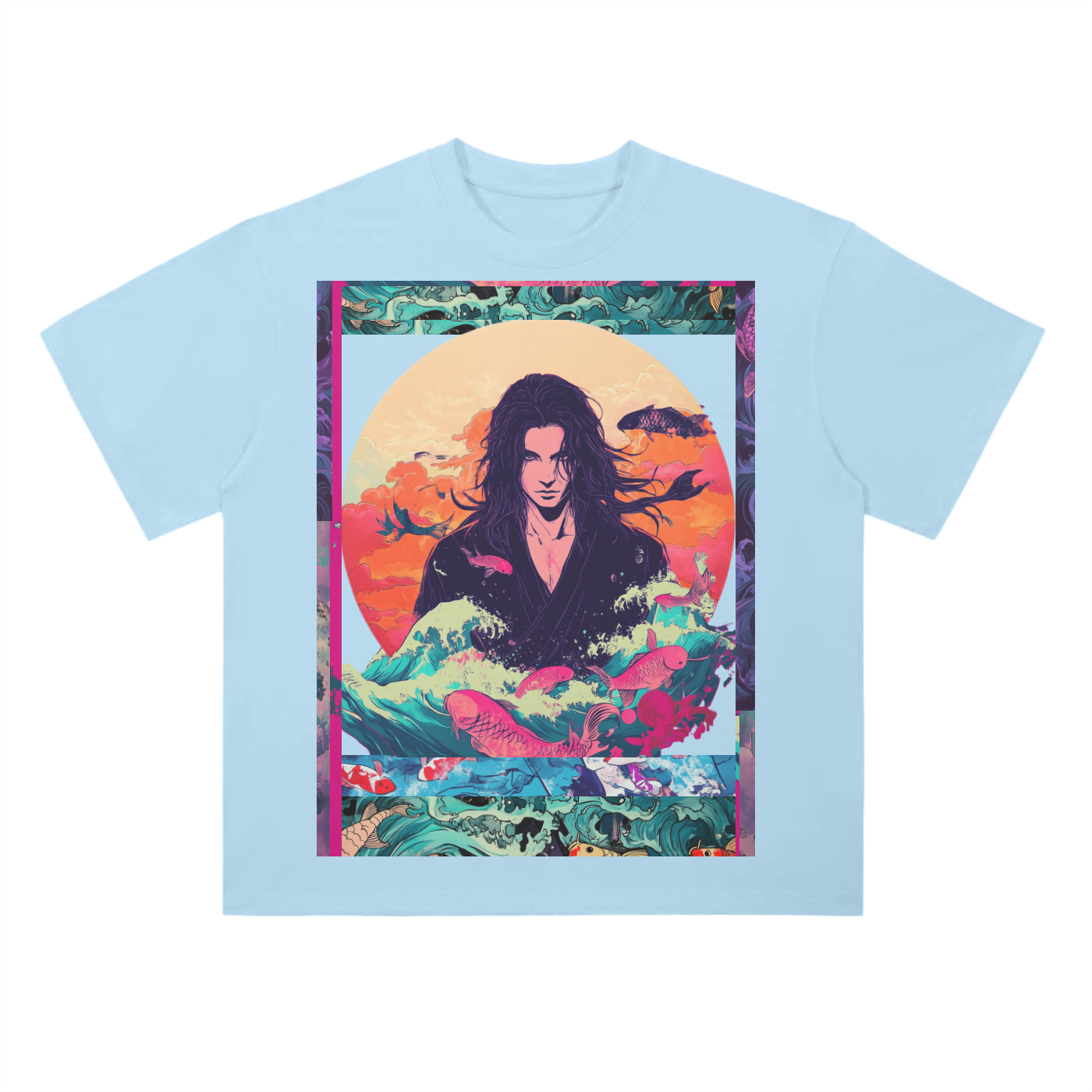 Retro Beach Koi Edo Shaman Kibuki Man Beach Wave Sun Melt Skyline Vision Graphic Drop Shoulder T-Shirt