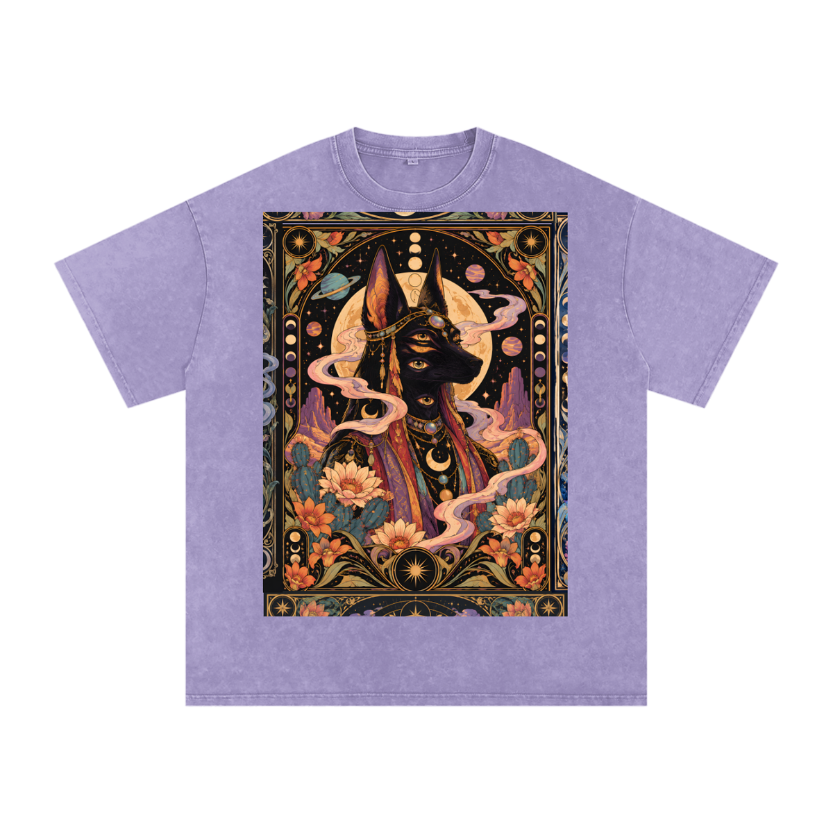 Anubis Egyptian Lotus Moon Tarot Grunge Psy Festival Snow Washed Oversized Cotton T-Shirt Tee
