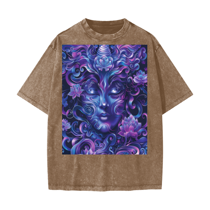 Purple Ultramarine Blue Shaman Woodland Enchanted Forest Deity Festival Psy Streetwear American Vintage Waxed Dyed Washed  Heavyweight 100% Cotton T-Shirt