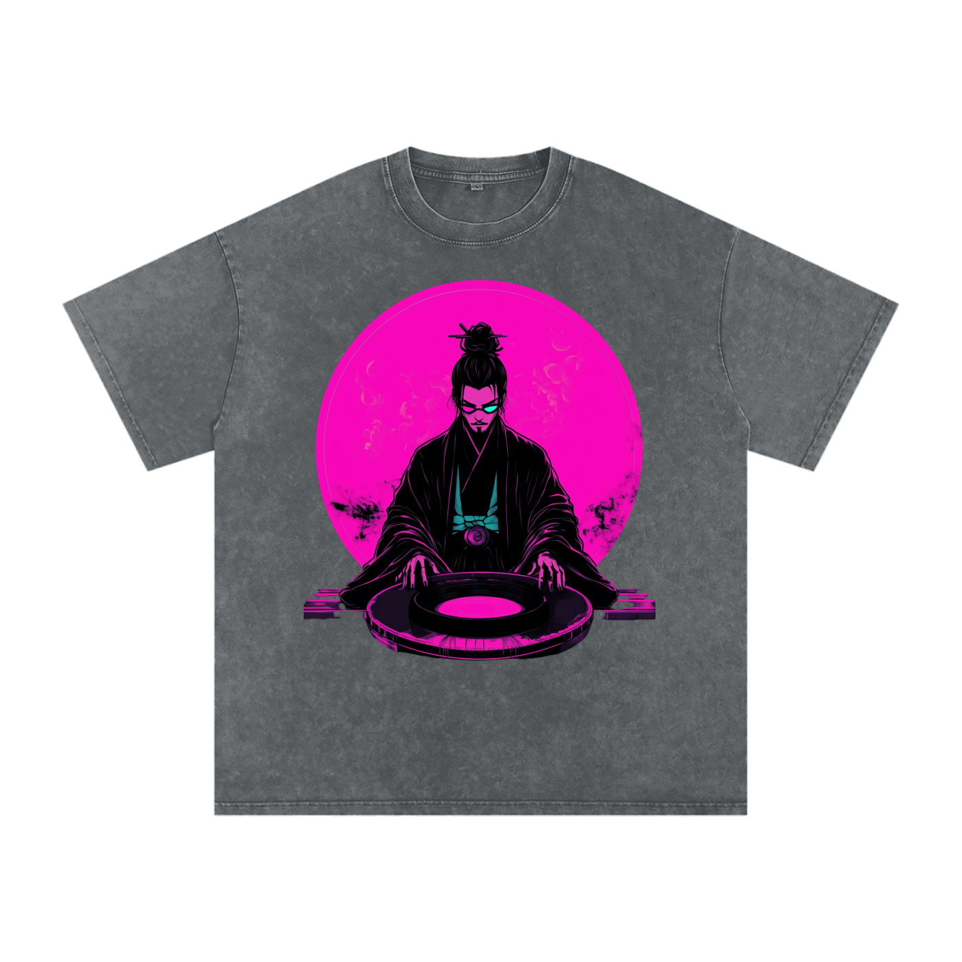 Neon Moon DJ Edo Samurai Wizard Traveler Grunge Punk Rave Festival Acid Wash Oversize T-Shirt - 250 GSM