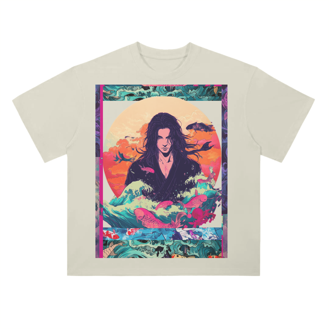 Retro Beach Koi Edo Shaman Kibuki Man Beach Wave Sun Melt Skyline Vision Graphic Drop Shoulder T-Shirt