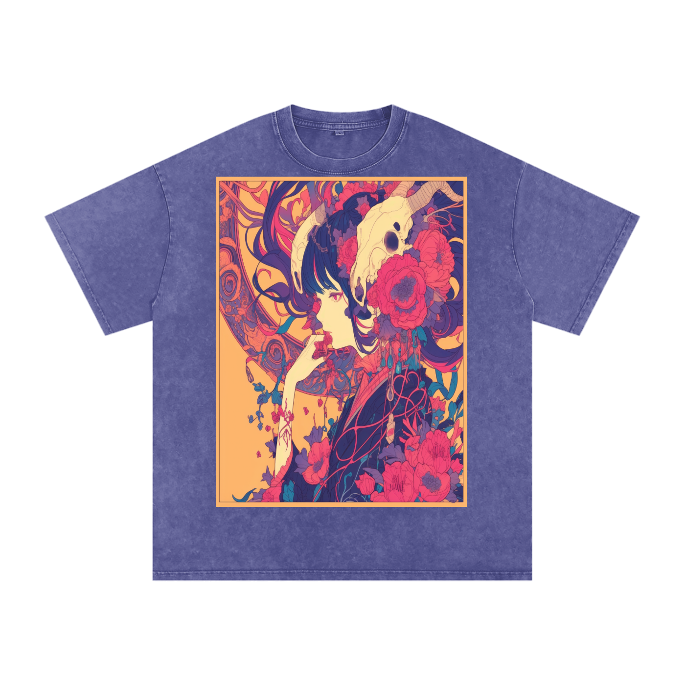 Autumn Avant Yellow Girl Floral Nouveau Skull Unisex Tee-Snow Washed Oversized Cotton T-Shirt