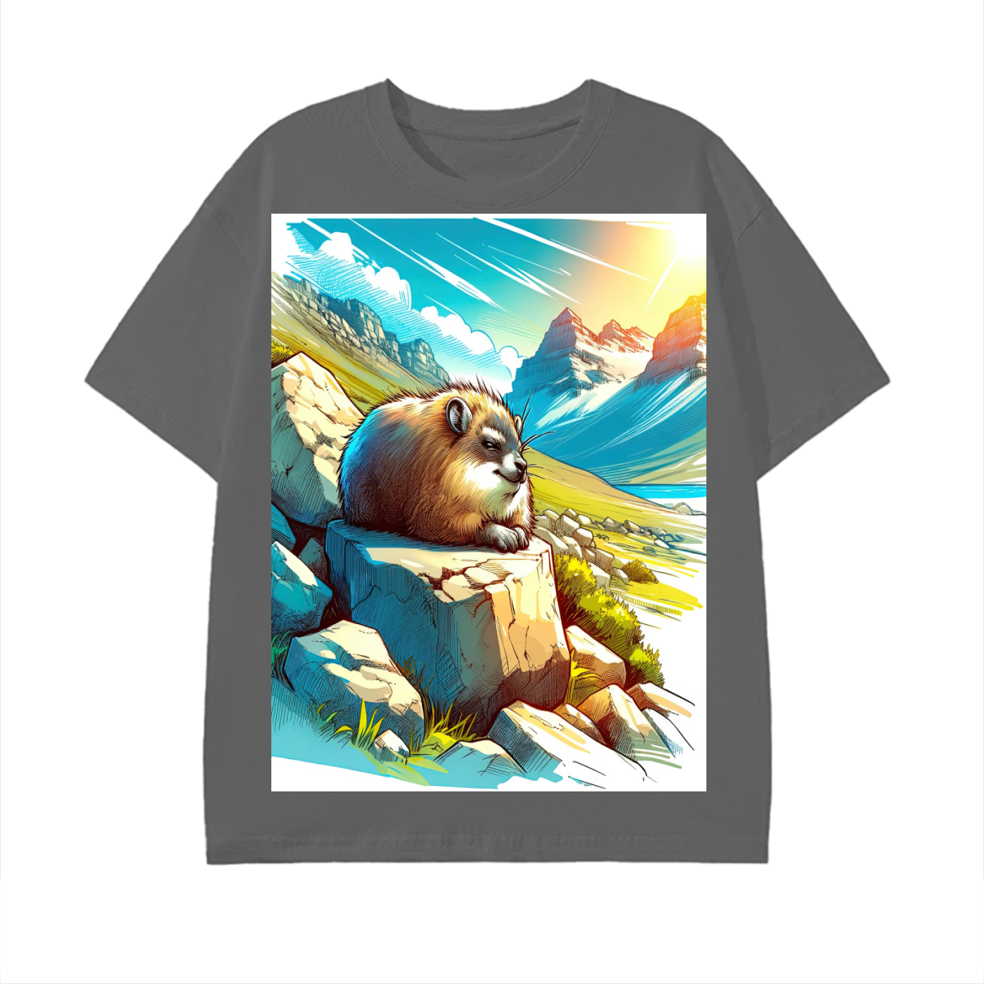 Anime Hyrax Blue skies basking on Rocks in field Pure Cotton Festival Rave Unisex T-Shirt