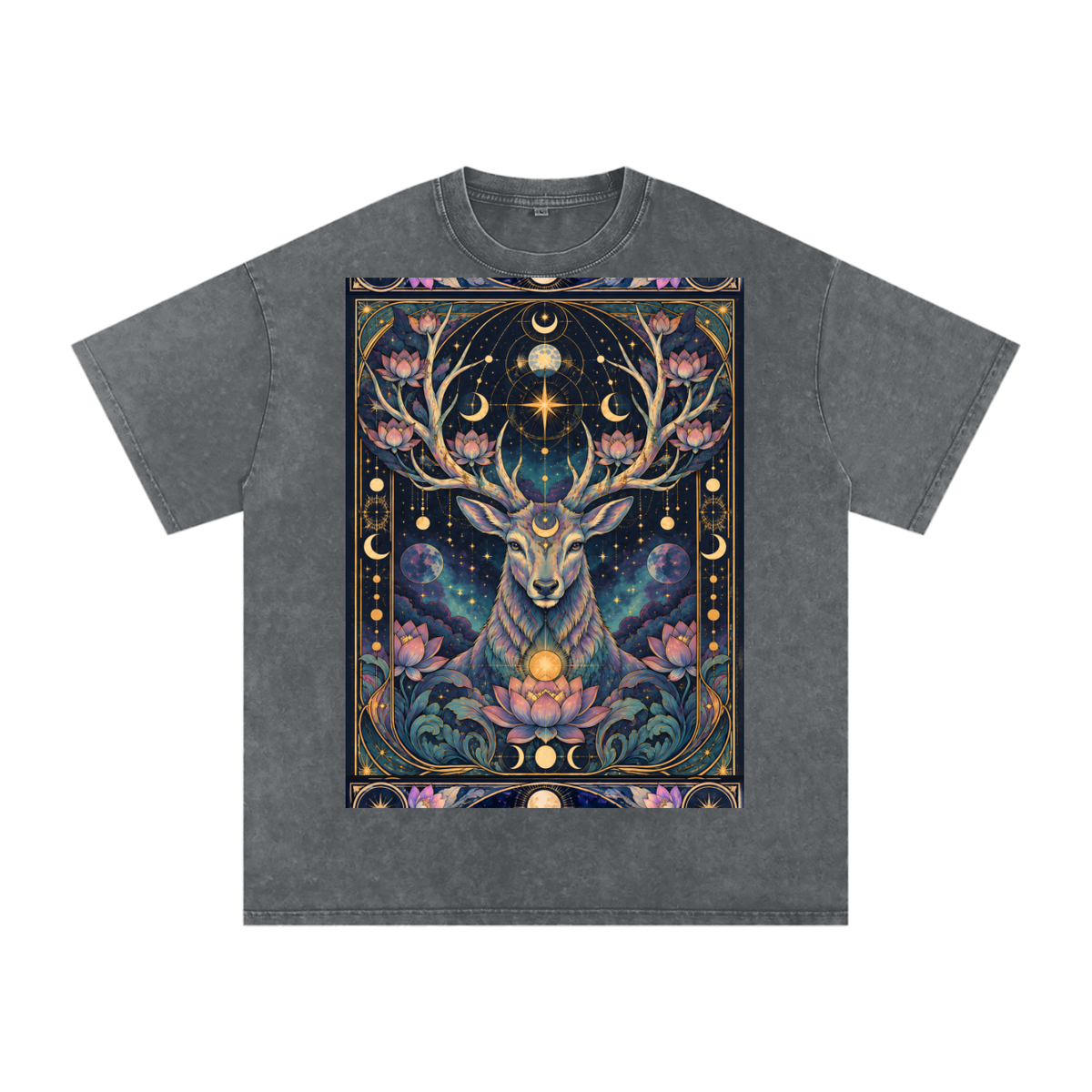 Cosmic Space Deer Lotus Moon Grunge Psy Festival Snow Washed Oversized Cotton T-Shirt