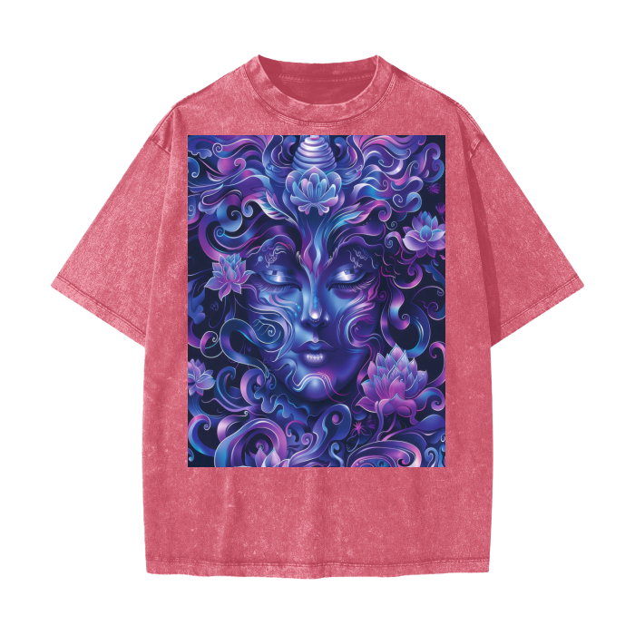 Purple Ultramarine Blue Shaman Woodland Enchanted Forest Deity Festival Psy Streetwear American Vintage Waxed Dyed Washed  Heavyweight 100% Cotton T-Shirt