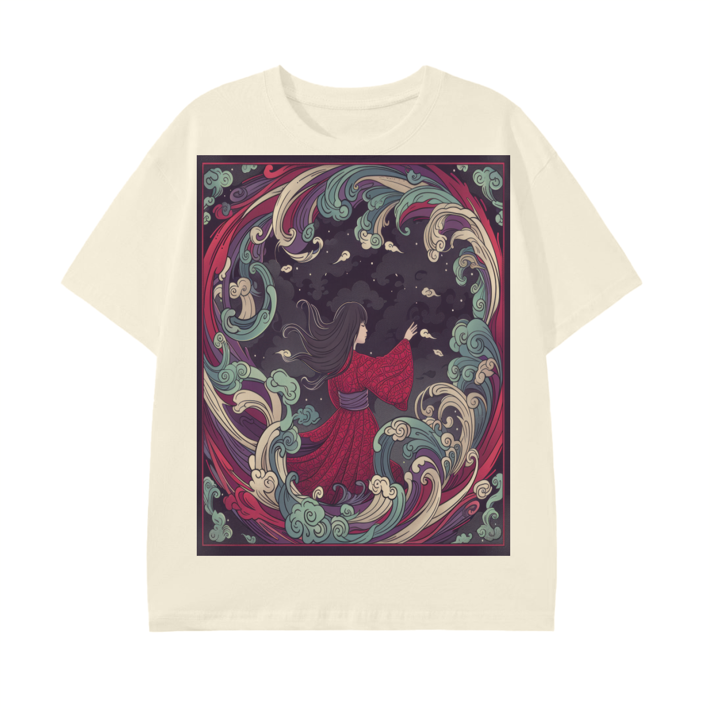 Wave Girl Ocean Night Swirl Avant Kimono Anime Graphic Print Unisex Classic T-Shirt
